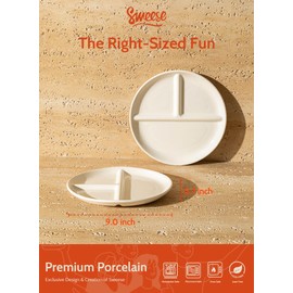 Sweese Portion Control Plates Set of 2, 9 Inch Divided Plates for Adults, Porcelain Dinner Diet Plates for Balanced Meal Building- White