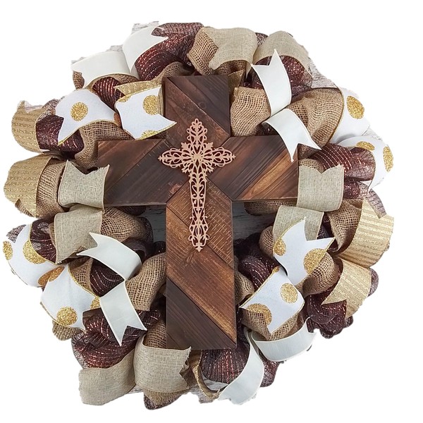 Gold and Burlap Cross Rustic Door Wreath | Cross Mesh