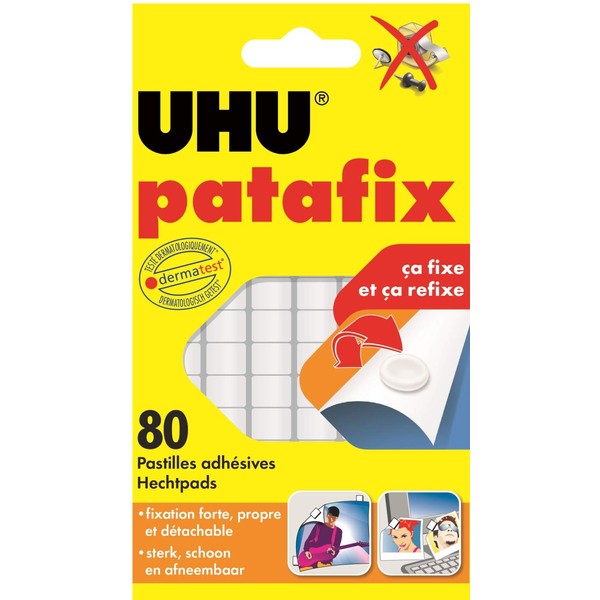 UHU Patafix blanche - pastilles adhésives prédécoupées, pâte à fixer, repositionnables, blanche, 80 pastilles