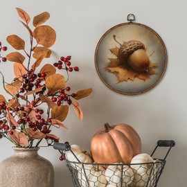 Voxitura Vintage Fall Acorn Wall Art Round Framed, Rustic Farmhouse Maple Leaf Wall Decor Canvas Hanging Living Room, Autumn Prints Artwork Decorations for Kitchen Bedroom Thanksgiving Harvest 10x10in