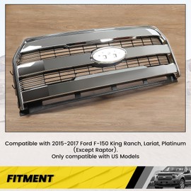 KUAFU Front Bumper Grille Compatible with 2015-2017 Ford F150 F-150 Replacement for FL3Z-8200-MA FL3Z8200MA w/o Camera Chrome Upper Hood Mesh Grill ABS Plastic