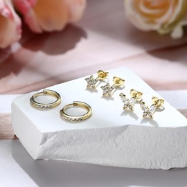 Jstyle Women's Popular 925 Sterling Silver Stud Earrings Set, Multiple Combinations, Hypoallergenic, 14K Gold Earrings, Small, Hoop Earrings, Cartilage, 3 Pairs