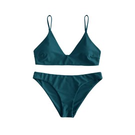 Zaful Women's Bikini Sets, Push-up Spaghetti Straps Bikini Upper High Waistband Plant Pattern Summer Swimwear - Plain - Peacock Blue, size: s