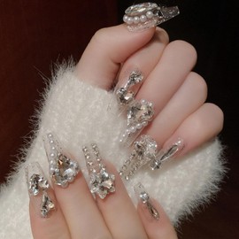 Luxury Press on Nails Coffin Meidum Fake Nails Luxury Rhinestones 3D Charm Acrylic Nails Press ons Handmade Glue on Nails Glossy Stick on Nails for Women 24 Pcs