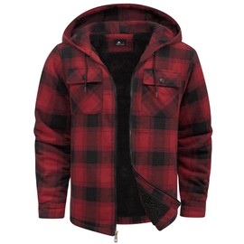 SCODI Mens Flannel Hooded Jacket Sherpa Lined Zip Up Hoodies for Men Plaid Shirt Jackets Warm Thick Fleece Coat with Pocket Black Red 2XL