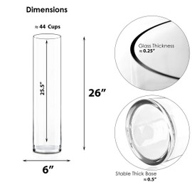 CYS EXCEL Cylinder Clear Glass Vase (H:26" D:6") | Multiple Size Choices Glass Flower Vase Centerpieces | Hurricane Floating Candle Holder Vase