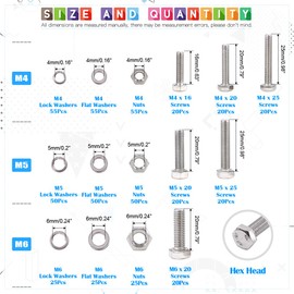 Glarks 510 Pieces Flat Hex Stainless Steel Screws Bolts Nuts Lock and Flat Gasket Washers Assortment Kit