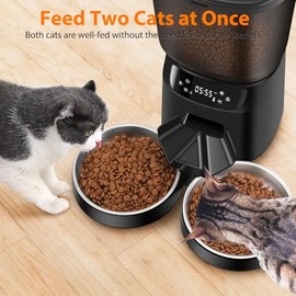 Automatic Cat Feeders for Two Cats, 5L/20 Cups Double Automatic Cat Food Dispenser with 2 Stainless Bowls, Timer Setting 20 Portions 6 Meals Per Day, 10s Meal Call (Black)