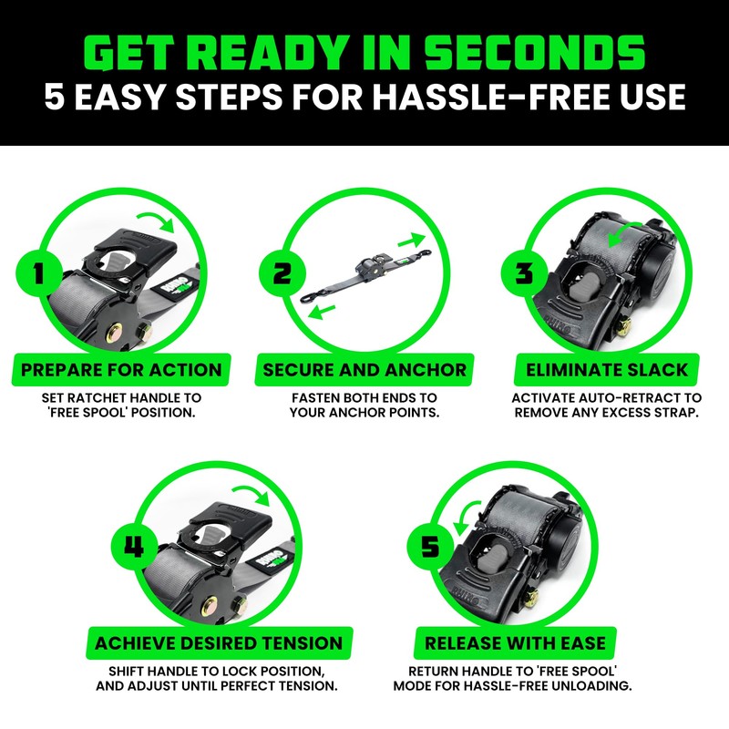 Rhino USA Retractable Ratchet Straps (2-Pack) - 1 Inch x