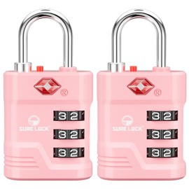 SURE LOCK TSA Locks for Luggage, TSA Approved Luggage Locks with Open Alert, TSA008 Key for High Security, Easy Read Dials, Zinc Alloy Body, Locker Lock for Suitcase, Gym, Travel.(Pink 2 pk)