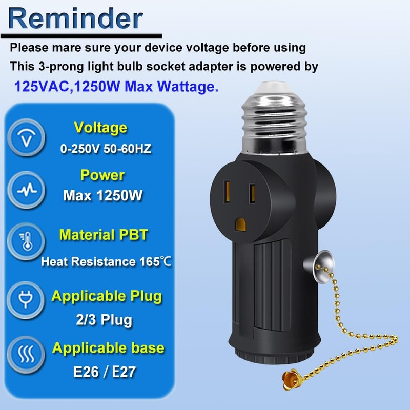 Light Socket to Plug Adapter,E26/E27 3 Prong Light Bulb Outlet