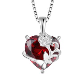 YL Heart Necklace 925 Sterling Silver Pink Butterfly Pendant Chain 12 Birthstone Cubic Zirconia Necklace Jewellery Gifts for Women Mother Girlfriend, Silver, Garnet