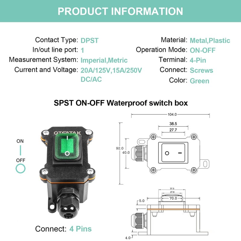 QTEATAK Inline Cord Switch DPST 4Pins AC/DC 20A-125V,16A-250V,30A-24V,35A-12V, IP66 Waterproof