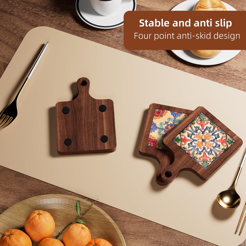 Wooden Trivets for Hot Dishes，3PCS Wooden Coasters with Organising Holder，Base
