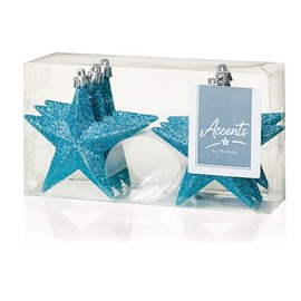 PMS Snow White Shatterproof Christmas Tree Decoration - 6 Glitter Stars 100mm Ice Blue