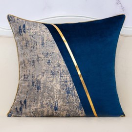 Alerfa 20 x 20 Inch Navy Blue Beige Gold Leather Patchwork Velvet & Polyester Cushion Case Luxury Modern Square Throw Pillow Cover Decorative Pillow for Couch Sofa Living Room Bedroom Car 50 x 50cm