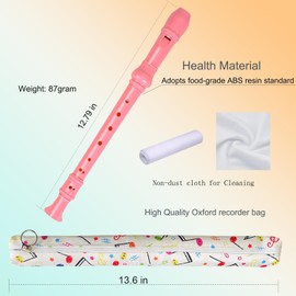 Auteey 8 Hole German style Soprano Recorder for Beginners,Music Flute with Gift Case Bag Cleaning Rod For Home Entertainment (Pink)