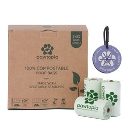 Pawtria Certified Home Compostable Dog Poop Bags (240 Bags + Lavender Poop Bag Carrier), Biodegradable Poop Bags, Vegetable Starches, Leak proof Dog Waste Bags, Light-weight silicone made bag carrier