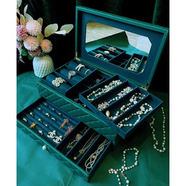 SANSREPONSE Wooden Extra Large Jewelry Box Organizer Luxurious Faux-Leather with Drawer Trays Mirror Earrings Necklace Ring Rests for Women(Green)