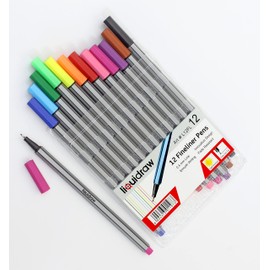Liquidraw 12 Fineliner Colouring Pens Set Fine Point Pens 0.4mm Assorted Colours, Fineliners Coloured Pens