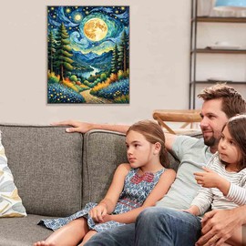 Stamped Cross Stitch Kits for Adults - Moon Mountain Landscape Embroidery Kits for Beginners Adults,11 CT Patterns Dimensions Counted Cross Stitch Kits for Adults Arts Craft 12x16 inch