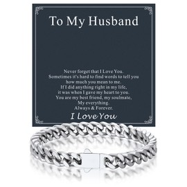 7mm Silver Cuban Link Bracelet, 21cm (8 Inches) Stainless Steel Chain with To My Husband Message Card, Elegant Anniversary Present