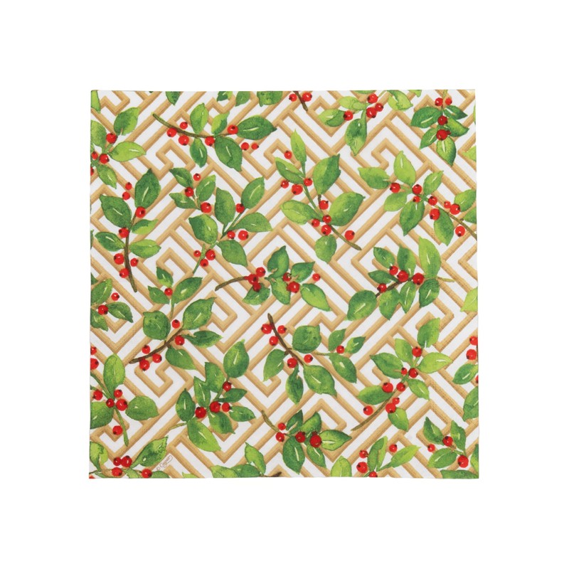 Caspari Holly and Fretwork White Cocktail Napkins - includes 20