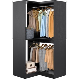Armocity Corner Closet System, 32 Inches Wide Wood Corner Unit with 2 Hanging Rods and All Hardware Kits, 3-Tier 80'' Height Corner Wood Closet Tower, Black