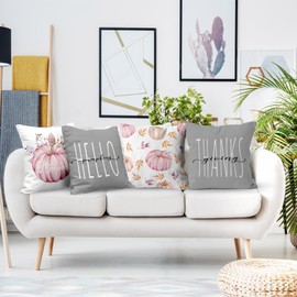 LB Fall Pink Pumpkin Pillow Covers 18x18 Inch Set of 4,Thanksgiving Orange Maple Leaf Pink Fall Throw Pillow Covers Decorative Pillow Cases for Couch Living Room Sofa Bed Cushion Cases