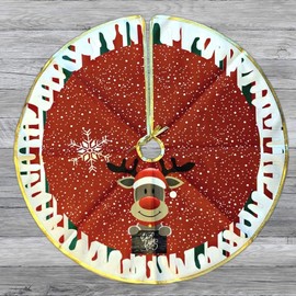 BANBERRY DESIGNS Reindeer Christmas Tree Skirt – 27 Inch Diameter Velvety Xmas Tree Skirt Red Nose Reindeer Pattern for Holiday Décor Party Decoration