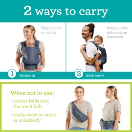 Infantino Fold & Go 2-in-1 Baby Carrier, Compact & Lightweight, Adjustable, for Babies 12-40lbs, Grey