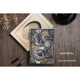 YHH Diary Lined for Adults Children, A5 Notebook Leather Vintage, Embossed, Hard Cover, Drawing Ribbons, 200 Pages, Lined Journal Notebook for Women, Business, Office, School, Magic, 3D Dragon,