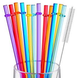 12 Pieces 10 Inches Reusable Plastic Straws for Tall Cups and Tumblers, BPA-Free Unbreakable Clear Colored Replacement Drinking Straws with 1 Cleaning Brush, Not Dishwasher Safe