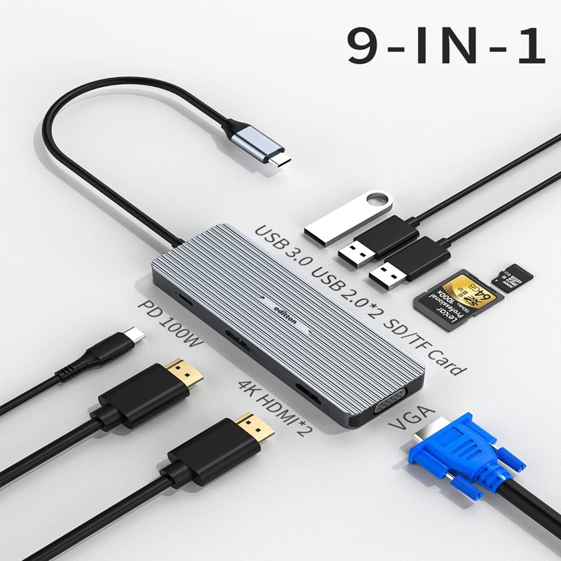 oditton USB C Hub, 9-in-1 USB C Adapter, Dual 4K