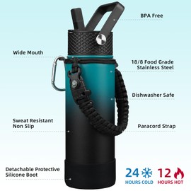 BJPKPK Insulated Water Bottle with Straw Lid, 22oz Thermos Water Bottles with 3 Lids, Paracord Handle & Non-slip Boot, BPA Free Leak Proof Stainless Steel Tumblers,Army Green & Black