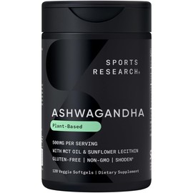 Sports Research® Ashwagandha Softgels with Coconut MCT Oil - Natural Ayurvedic Adaptogen Made with Shoden® Ashwa for Relaxation, Calm & Sleep Support - Gluten Free & Vegan Friendly - 120 Count