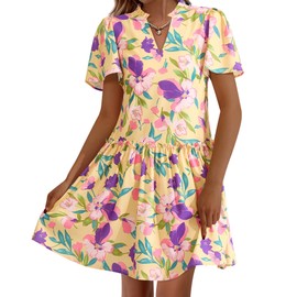BTFBM Women Summer Dresses 2025 Short Sleeve V Neck Tiered Ruffle Boho Swing Dress A-Line Floral Mini Dresses(Floral Yellow Multicolored,Medium)