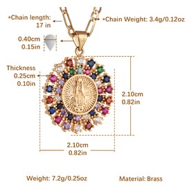 HZMAN 14K Gold Plated Round Hollow Virgin Mary Prayer Necklace Our Lady of Guadalupe Multicolor Cubic Zirconia Amulet Pendant for Women Daughter Jewelry Gift