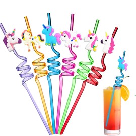 Ulife Mall Reusable Drinking Straws Novelty Unicorn Party Straws Curly Hard Plastic Straws Kids Birthday Party Decorations Supplies Family Reunion Party Favors - Pack of 6