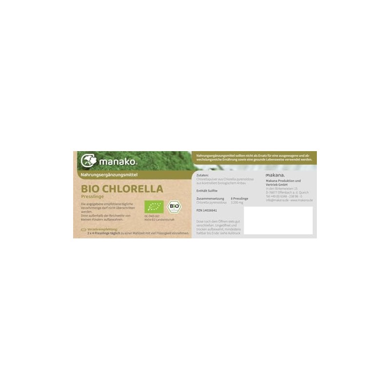 manako Organic chlorella pellets (400 mg chlorella powder from chlorella