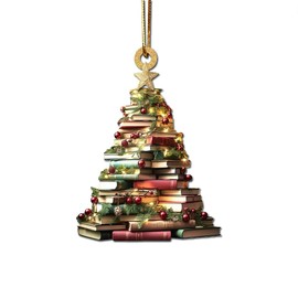 Christmas Book Tree Ornament, Book Lovers Christmas Ornament Tree Bookshelf Ornament, Acrylic Tree Pendant Gift for Her Librarian, Reading Vintage Book Christmas Ornament for Christmas Tree Decors