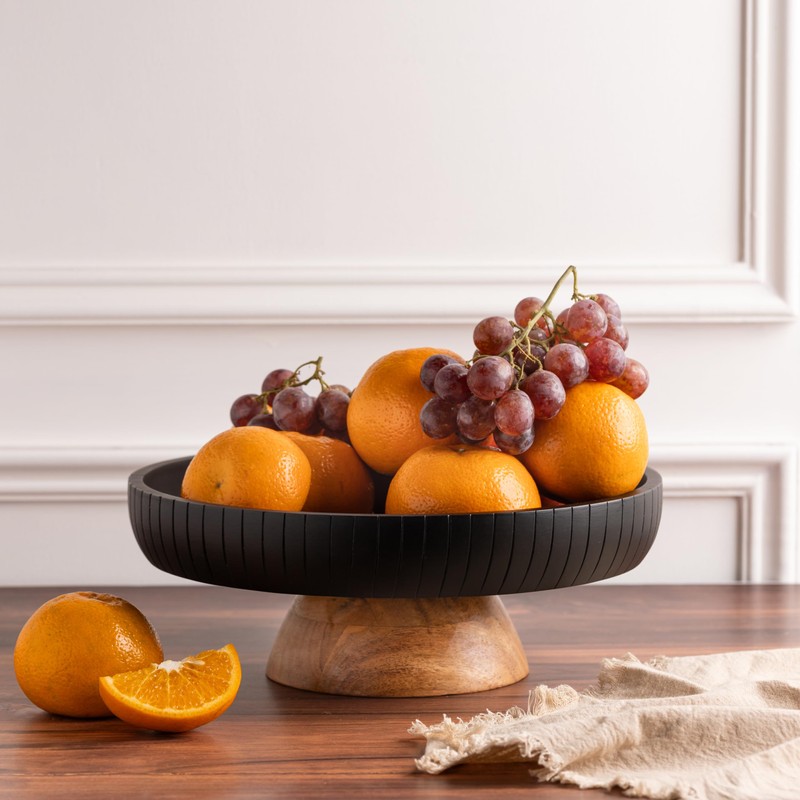 LAVAUK Mango Wood fruit bowl, Decorative black bowl with natural