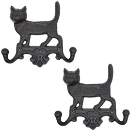 RIXIGOOD Cast Iron Cat Wall Hooks for Hanging, Decorative Heavy Duty Coat Hooks Wall Mount Key Hanger Leash Holder Vintage Farmhouse Entryway Mudroom Cute Animal Decor Rustic Black 2 Pack