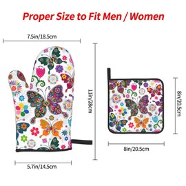 Colorful Butterflies and Flowers Oven Mitts and Pot Holders Sets,Heat Resistant Non Slip Kitchen Gloves Hot Pads with Inner Cotton Layer for Cooking BBQ Baking Grilling
