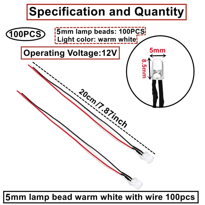 HUAZIZ Pack of 100 Pre-Wired LED, Diode Light, 12 V