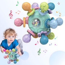 Sonajero Masticar Juguetes, Juguetes Sensoriales y Estimulacion Temprana,Goma Dental Montessori Juguetes, Encías Alivia Dolor Crecimiento Dientes Reducir Chupada Dedos Chupete para niño. (azul)