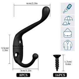 Pack of 8 Coat Hooks, Wall Hooks, Black, Metal Hooks, Retro Coat Hooks, Vintage Hooks, Key Hooks, Decorative Double Hooks with 16 Screws for Bathroom, Kitchen, Office, Bathroom, Shopping Mall