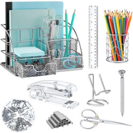 KAAKOW Silver Desk Organizers and Accessories Office Supplies Set Stapler, Pen Holder, Phone Holder, Scissors, Pen, Ruler, 30 Paper Clips, 22 Binder Clip, 20 Tacks and 1000pcs Staples
