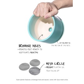 LE TAUCI Ceramic Plant Pots, 4+5+6 inch, Set of 3, Planters with Drainage Hole and Saucer, Indoor Flower Pot with Hole Mesh Pad, Gifts for Mom, Aqua