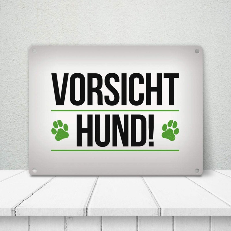 Caution Dog Metal Sign with Paw Print in Green